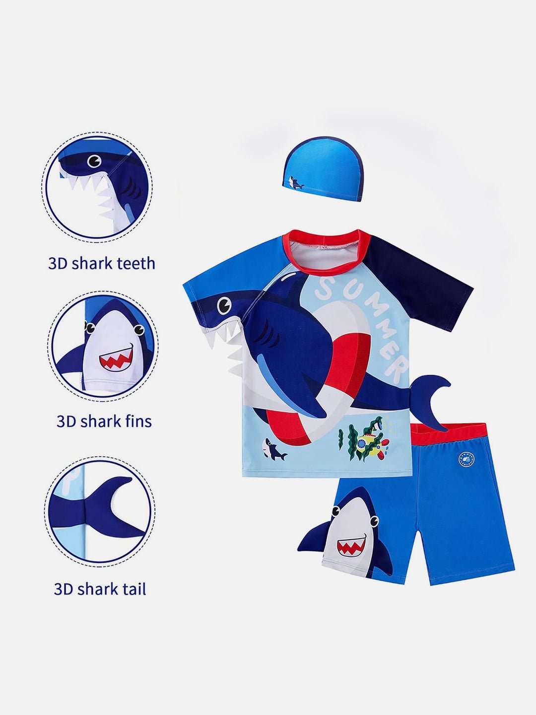 Red & Blue 3D Whale Printed Kids UPF 50+ 2pcs Swimwear With Matching Swim Cap
