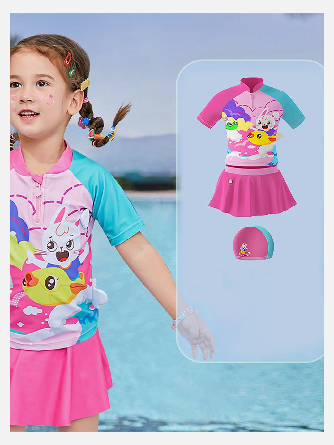 Mint and Pink Multi Printed Girls 2pcs Top and Skort Set UPF 50+ Swimwear With Free Swimcap