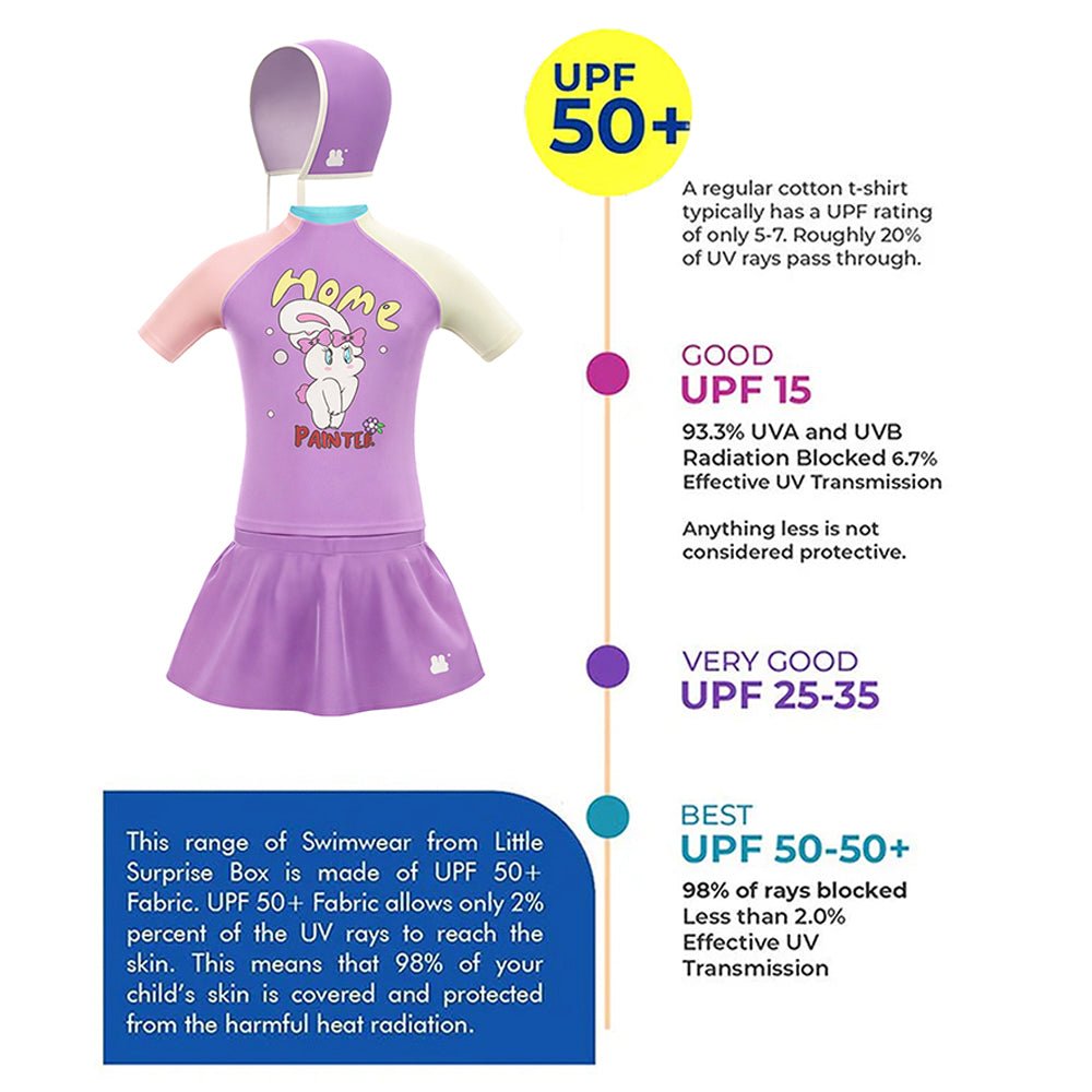 Purple Rabbit Printed Girls 2pcs Top and Skort Set UPF 50+ Swimwear With Free Washbag