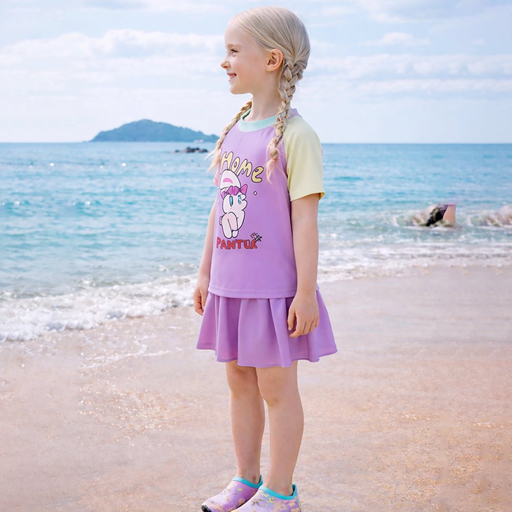 Purple Rabbit Printed Girls 2pcs Top and Skort Set UPF 50+ Swimwear With Free Washbag
