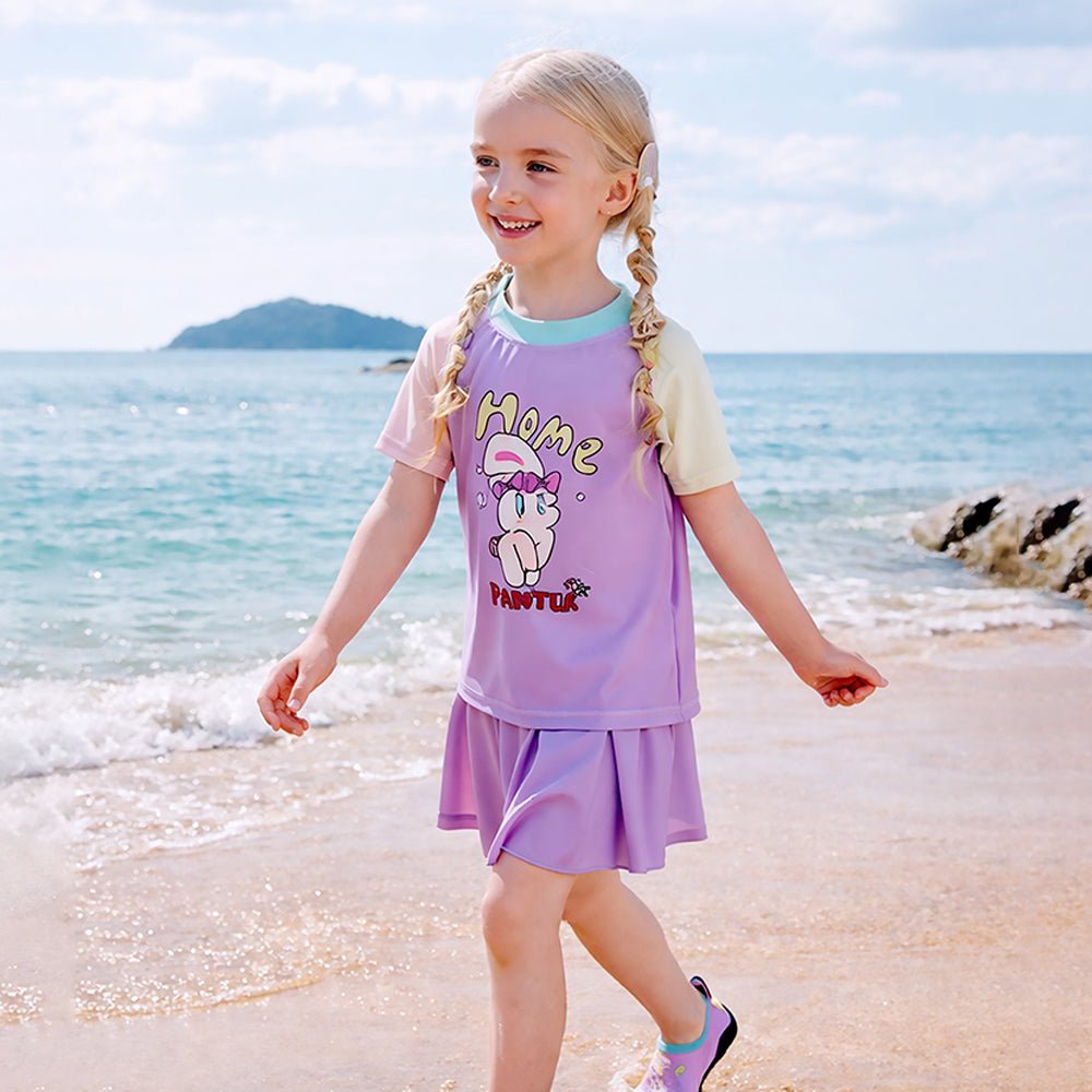 Purple Rabbit Printed Girls 2pcs Top and Skort Set UPF 50+ Swimwear With Free Washbag