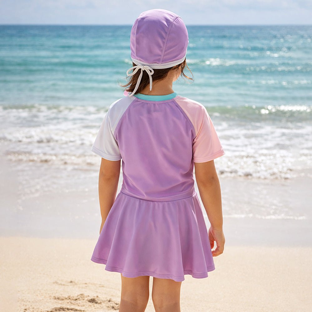 Purple Rabbit Printed Girls 2pcs Top and Skort Set UPF 50+ Swimwear With Free Washbag