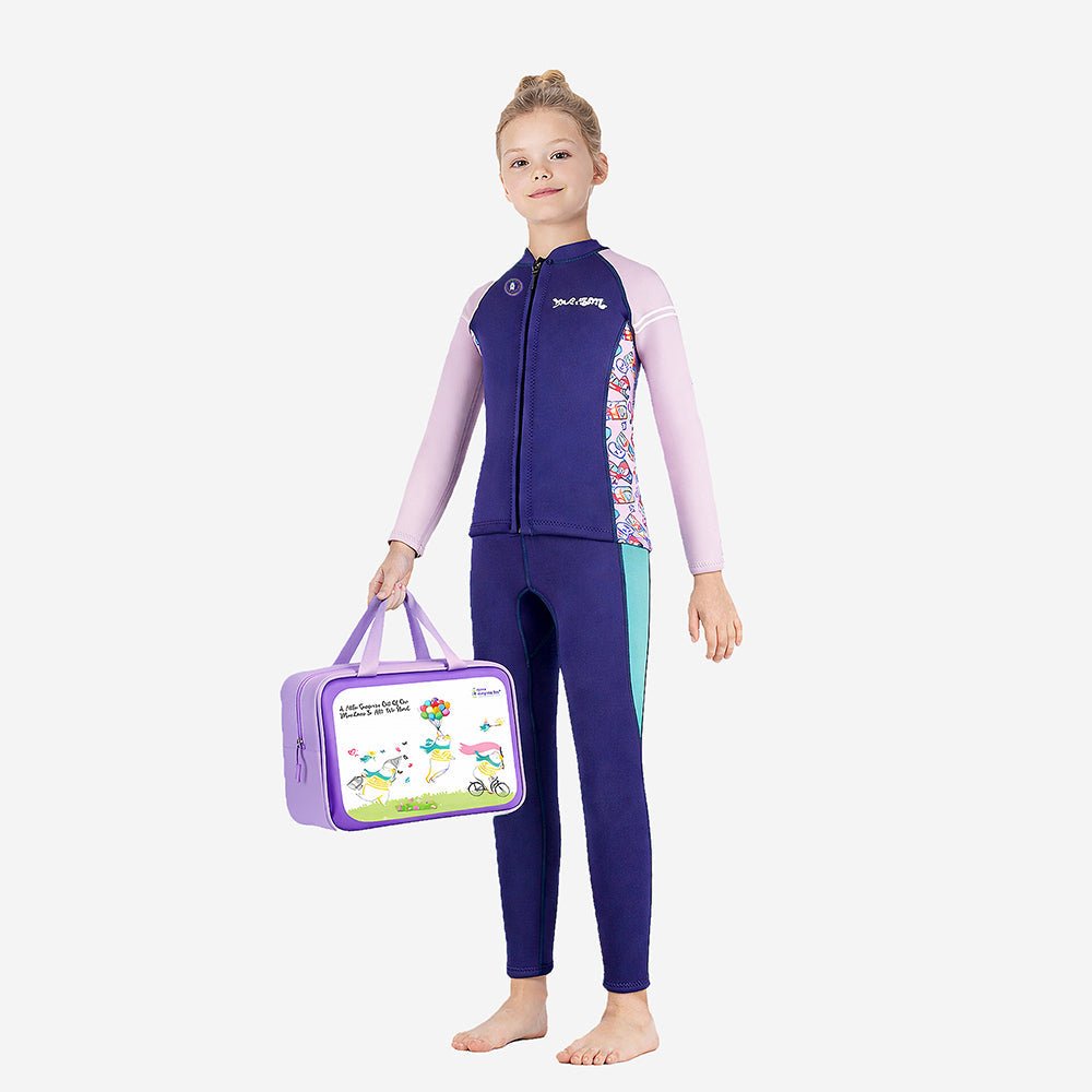 Purple Geometric Printed Kids Full Length UPF 50+ Swimwear With Free Washbag