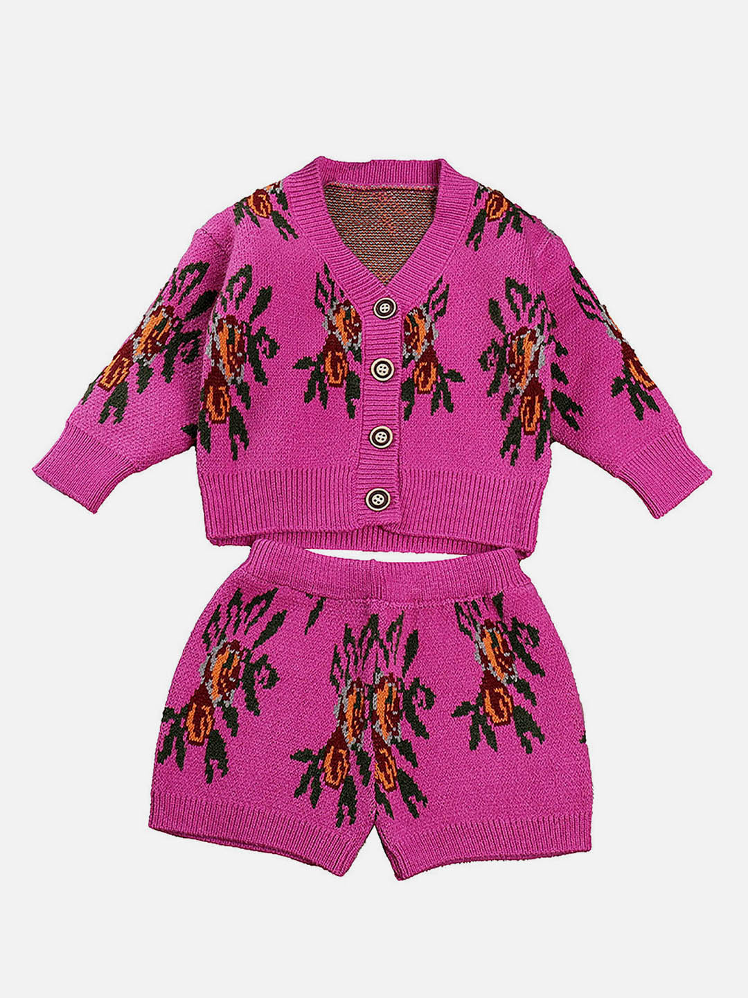 Little Surprise Box Magenta Flower Bunch Knitted Cardigan And Shorts Winterwear Set For Girls