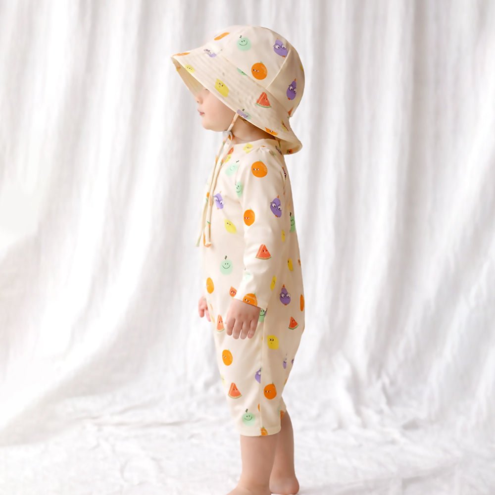 Beige Fruit Emoji Printed Kids Knee Length UPF Swimwear With Free Washbag