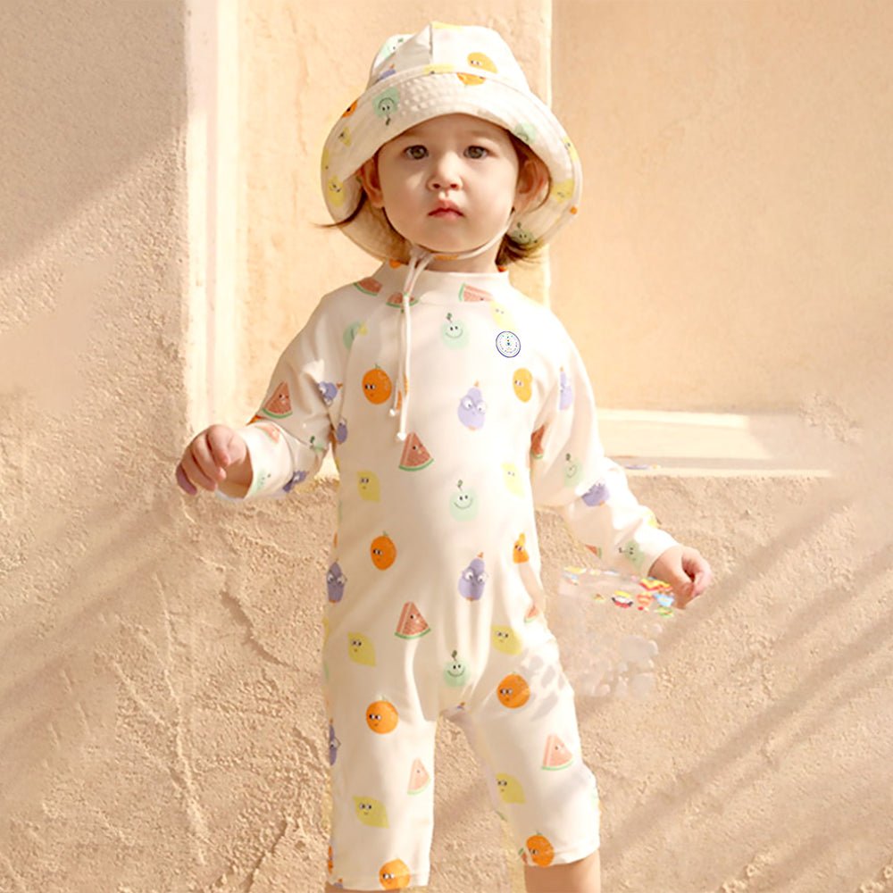 Beige Fruit Emoji Printed Kids Knee Length UPF Swimwear With Free Washbag