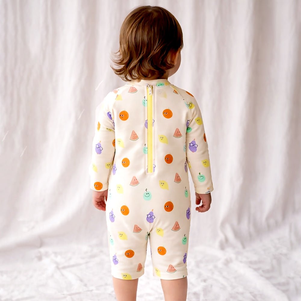 Beige Fruit Emoji Printed Kids Knee Length UPF Swimwear With Free Washbag