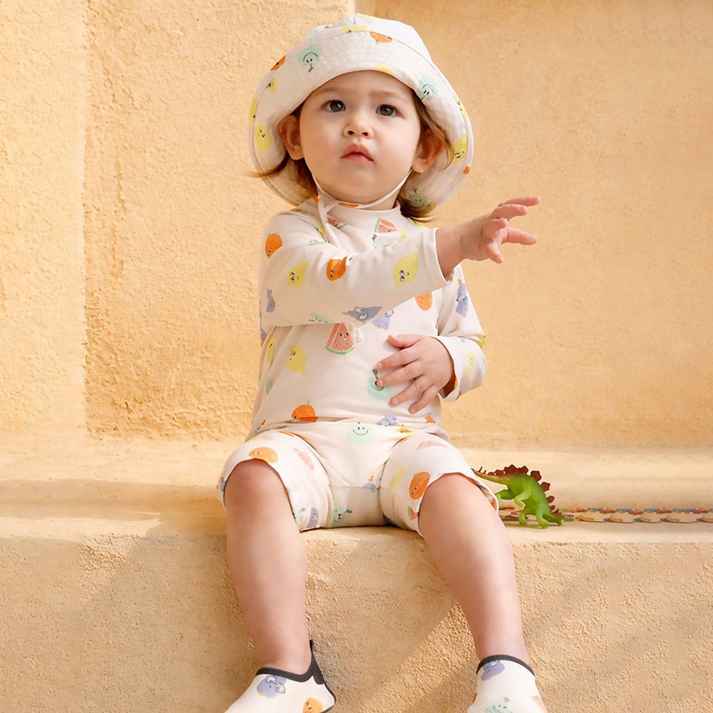 Beige Fruit Emoji Printed Kids Knee Length UPF Swimwear With Free Washbag