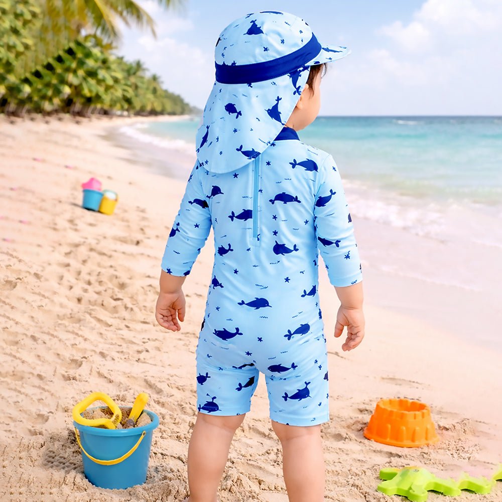 Blue Dolphin Printed Kids Full Length Swimwear With Free Swim Bag