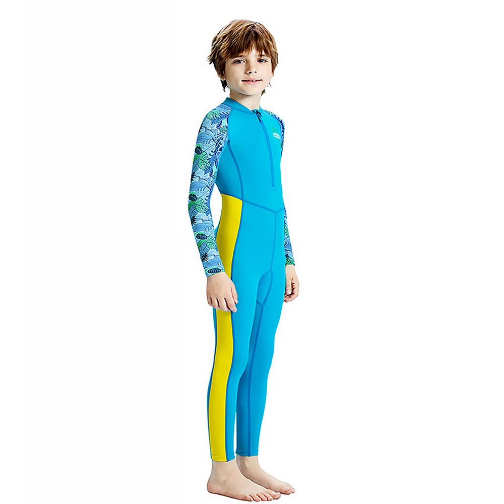 Blue Leaf Printed Kids UPF 50+ Full Length Swimsuit With Free Washbag & Cap