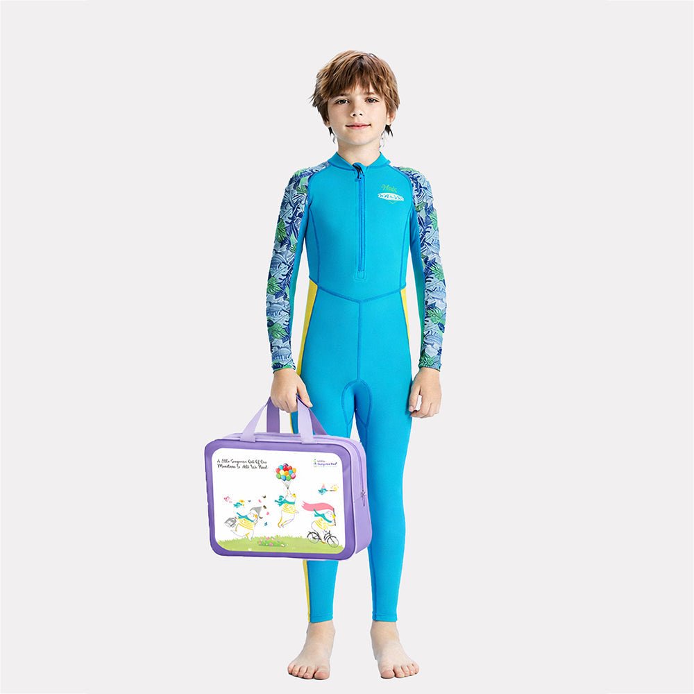 Blue Leaf Printed Kids UPF 50+ Full Length Swimsuit With Free Washbag & Cap