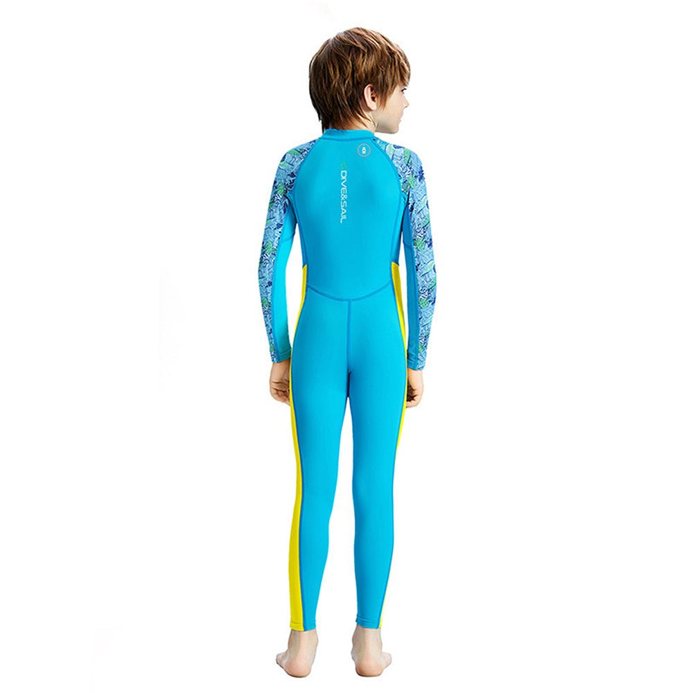 Blue Leaf Printed Kids UPF 50+ Full Length Swimsuit With Free Washbag & Cap