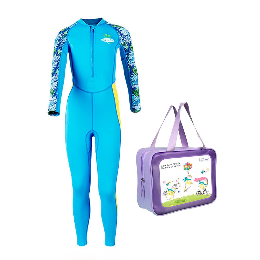 Blue Leaf Printed Kids UPF 50+ Full Length Swimsuit With Free Washbag & Cap