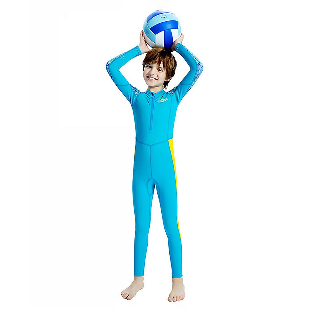 Blue Leaf Printed Kids UPF 50+ Full Length Swimsuit With Free Washbag & Cap