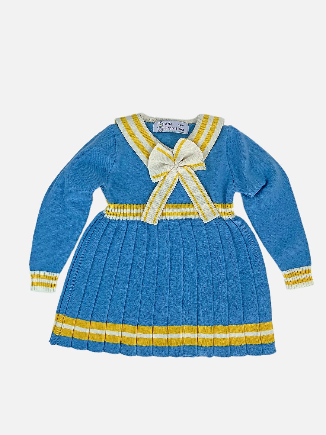 Little Surprise Box Blue & Mustard Big Bow Sailor Neck Winterwear Frock For Girls