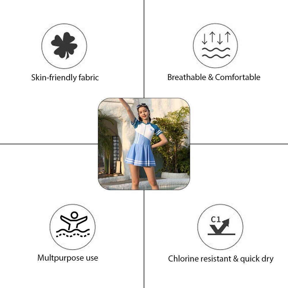 Color Block Girls Frock Style Polyester Spandex Swimwear