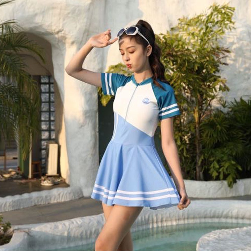 Color Block Girls Frock Style Polyester Spandex Swimwear
