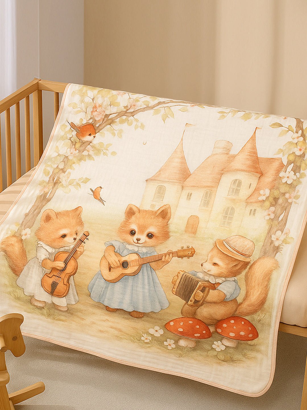 Woodland Fox 1 PC Kids Cotton Muslin Dohar With Hand Screen Print