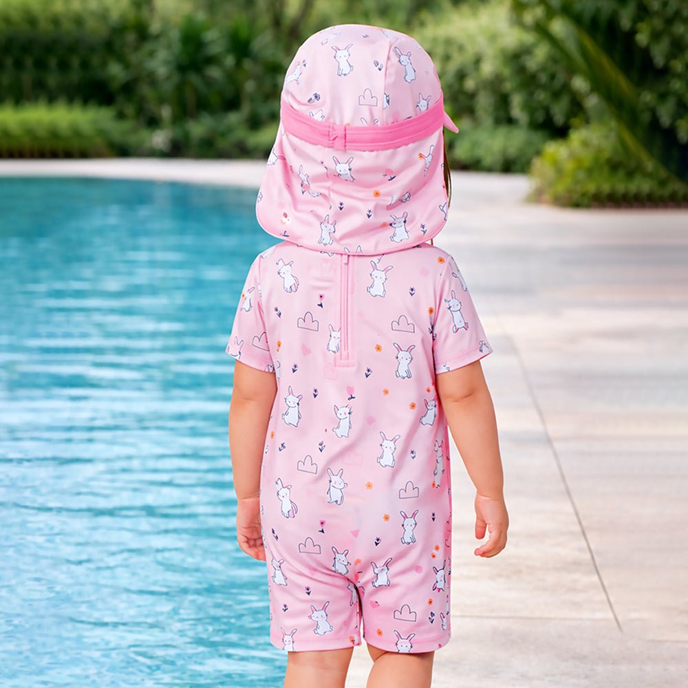 Pink Cloud Rabbit Printed Kids 2-Piece UPF Swimwear With Free Washbag