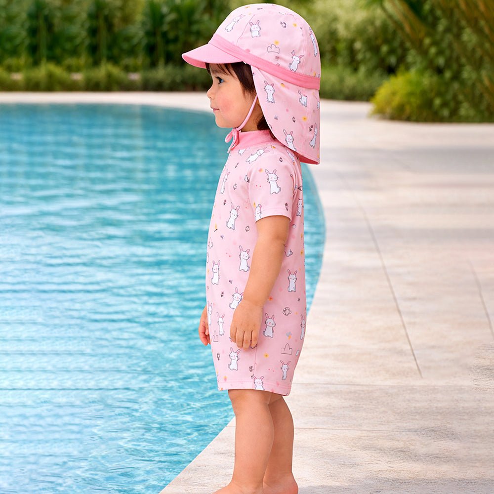 Pink Cloud Rabbit Printed Kids 2-Piece UPF Swimwear With Free Washbag