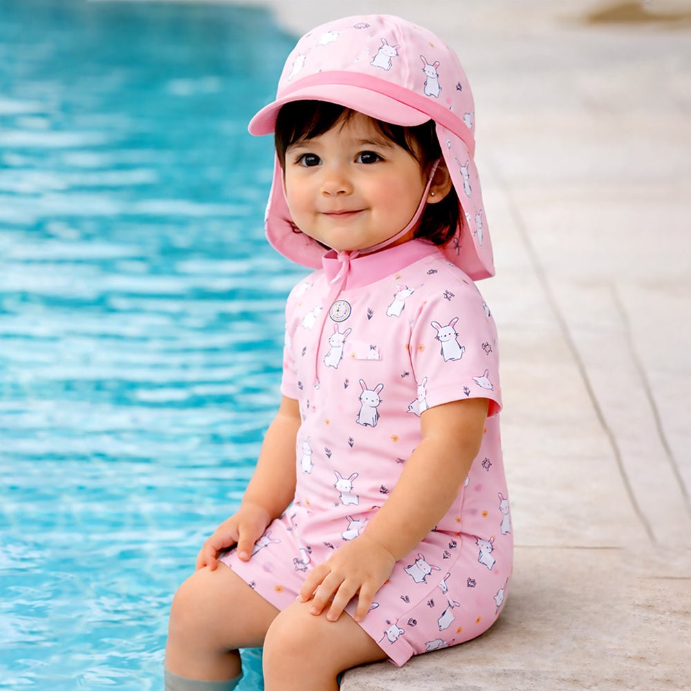 Pink Cloud Rabbit Printed Kids 2-Piece UPF Swimwear With Free Washbag