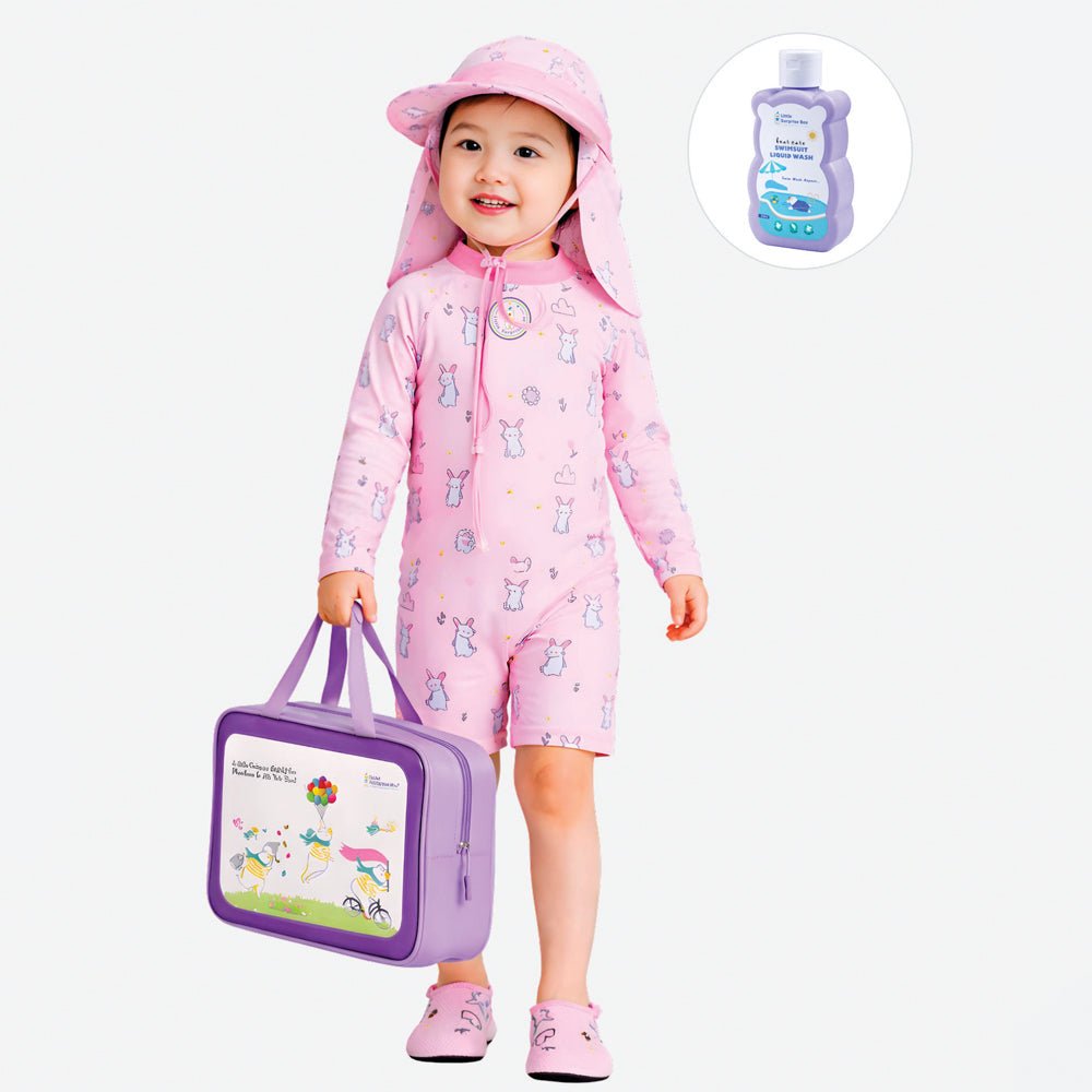 Pink Cloud Rabbit Printed Kids 2-Piece UPF Swimwear With Free Washbag