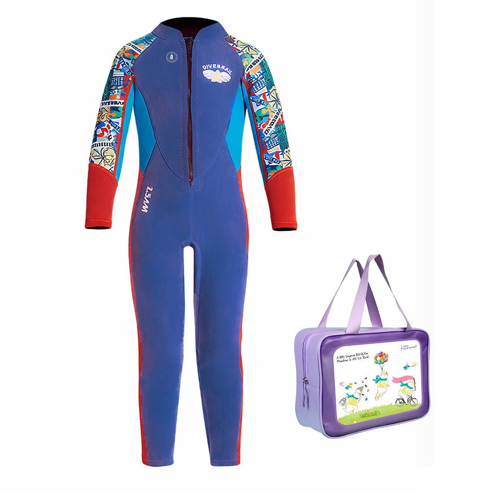 Cobalt & Red Stamp Printed Kids Full Length Swimsuit With Free Washbag