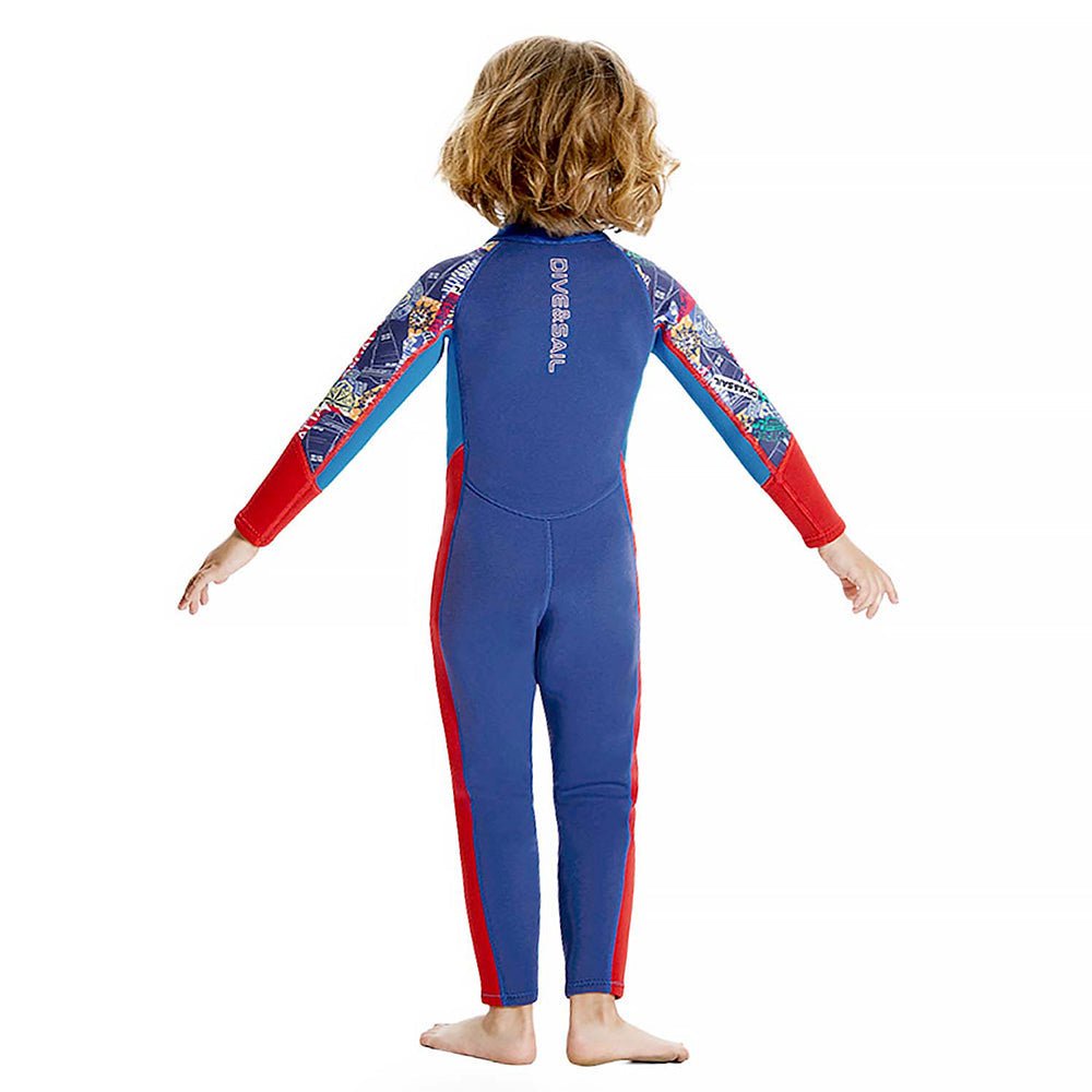 Cobalt & Red Stamp Printed Kids Full Length Swimsuit With Free Washbag