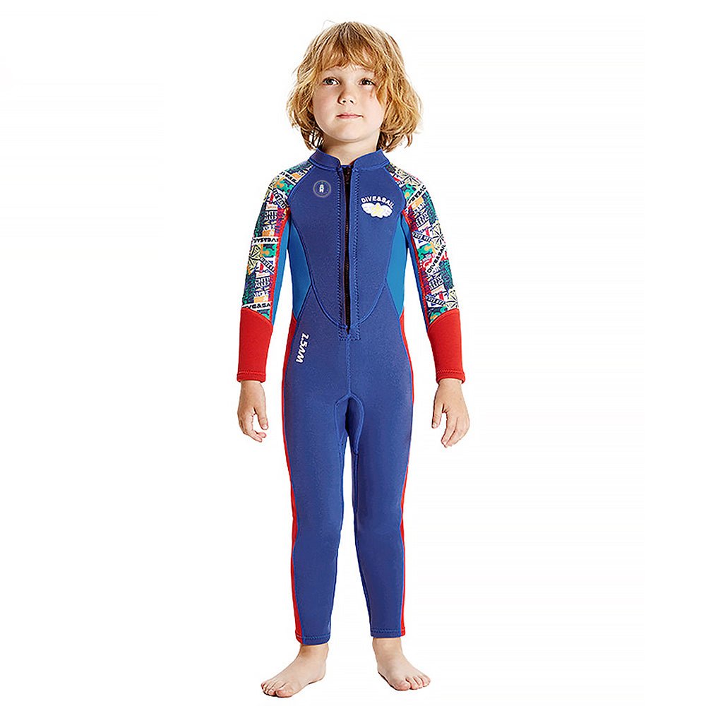 Cobalt & Red Stamp Printed Kids Full Length Swimsuit With Free Washbag