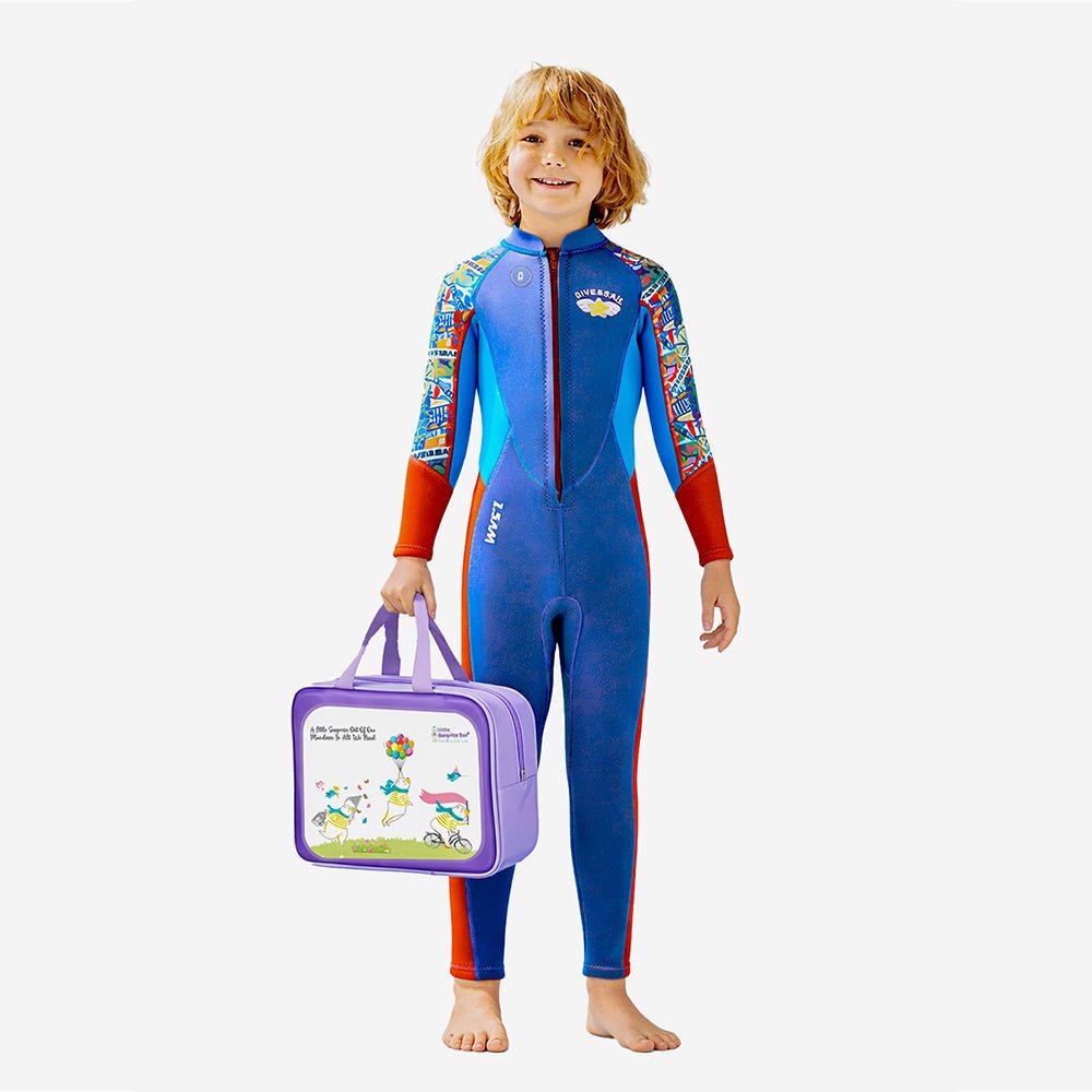 Cobalt & Red Stamp Printed Kids Full Length Swimsuit With Free Washbag