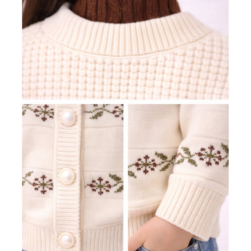 Little Surprise Box Cream & Brown Leaf Pattern High-Neck Cardigan For Kids