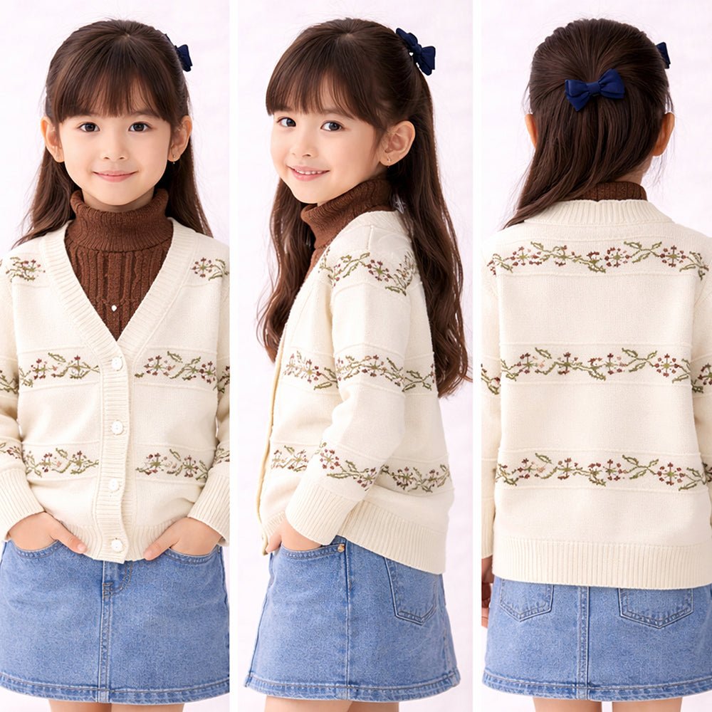 Little Surprise Box Cream & Brown Leaf Pattern High-Neck Cardigan For Kids