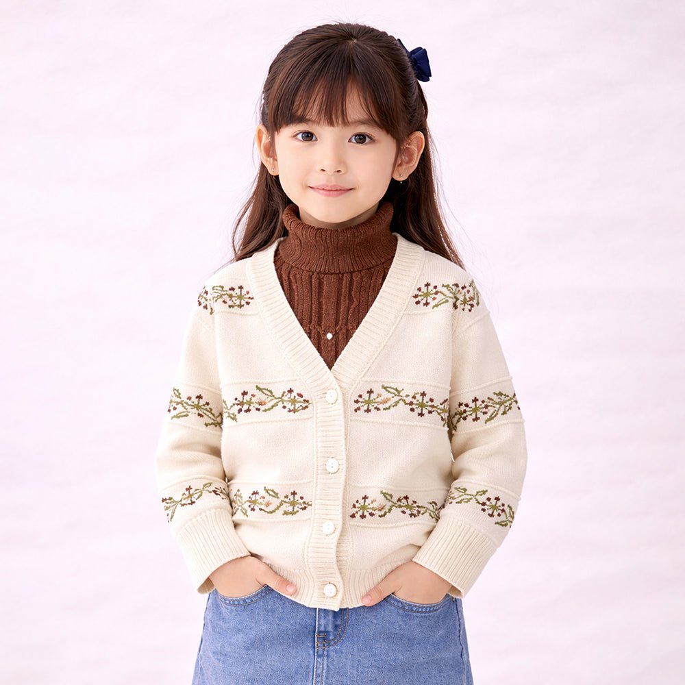 Little Surprise Box Cream & Brown Leaf Pattern High-Neck Cardigan For Kids