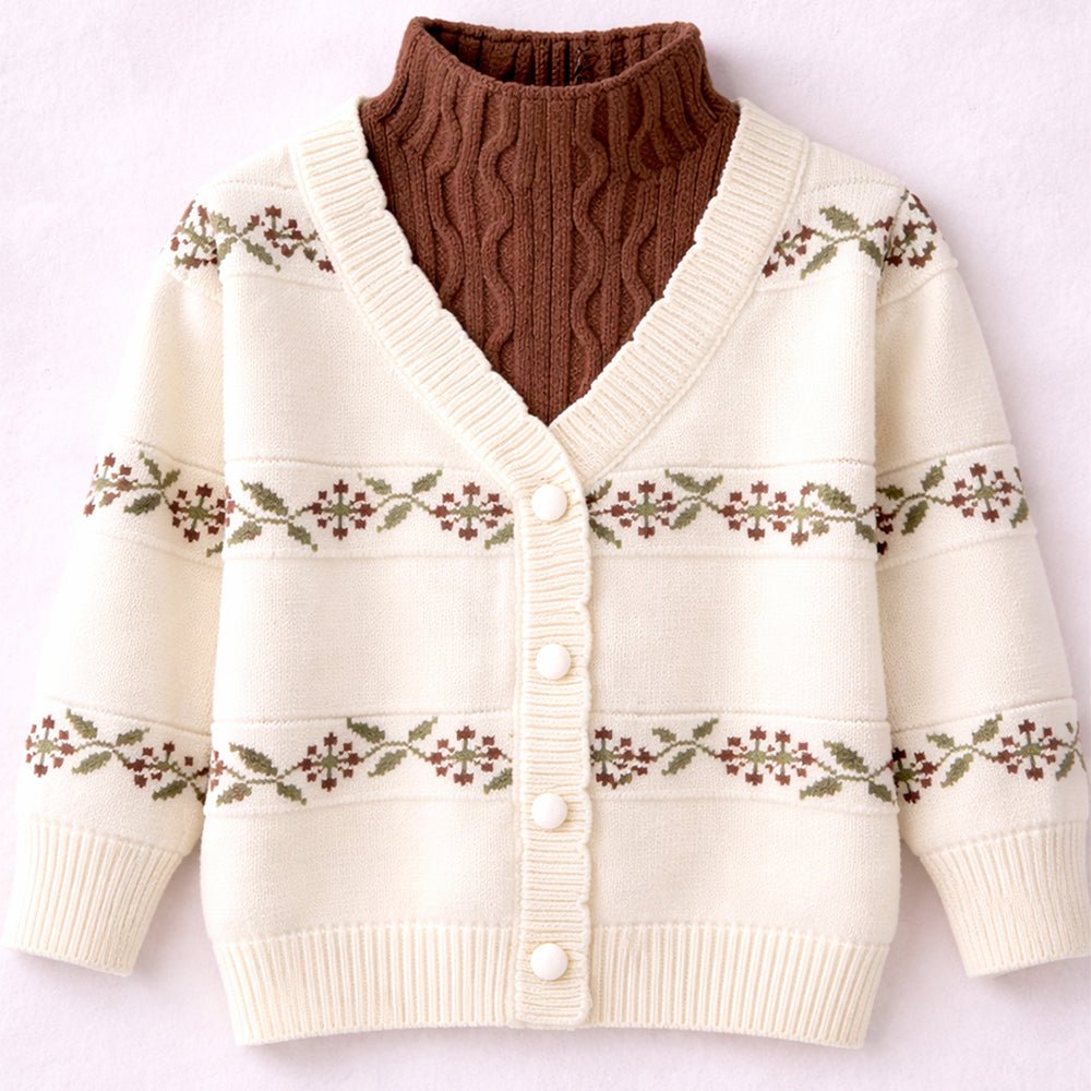 Little Surprise Box Cream & Brown Leaf Pattern High-Neck Cardigan For Kids