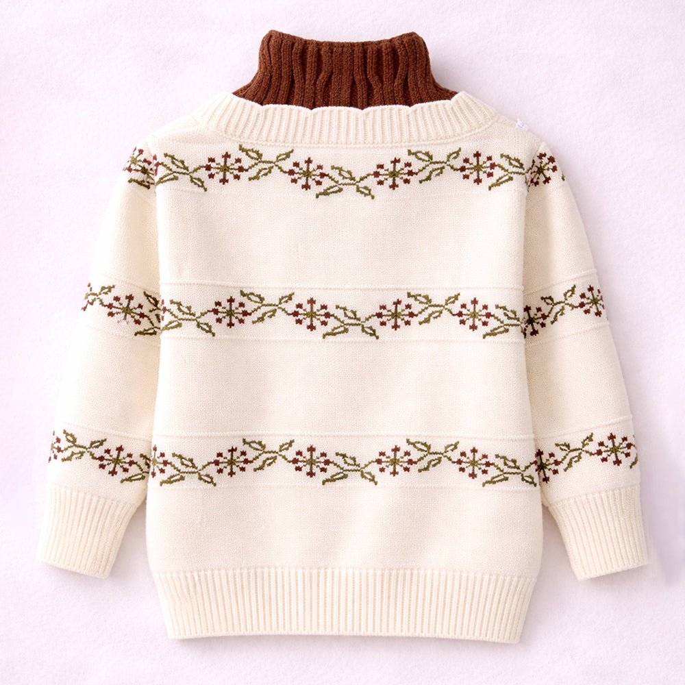 Little Surprise Box Cream & Brown Leaf Pattern High-Neck Cardigan For Kids