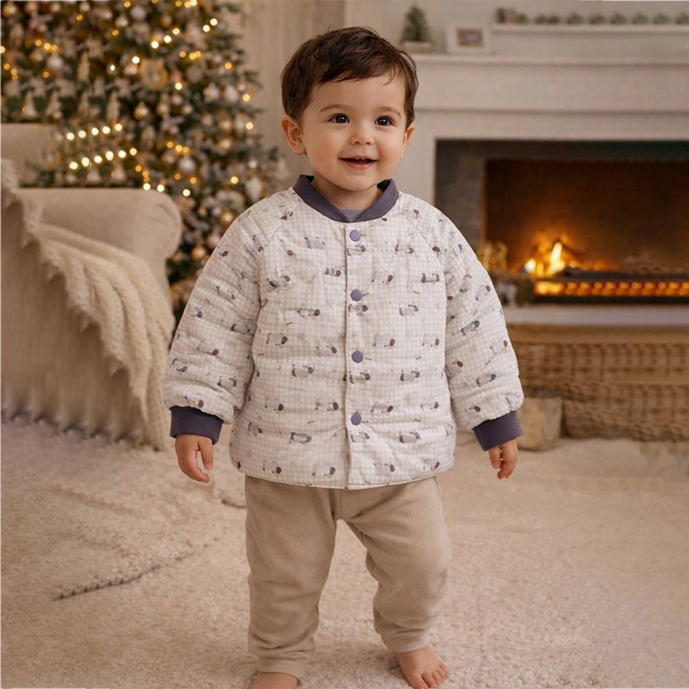 Little Surprise Box Cream Checkered Cute Dog Theme Winter Jacket For Kids