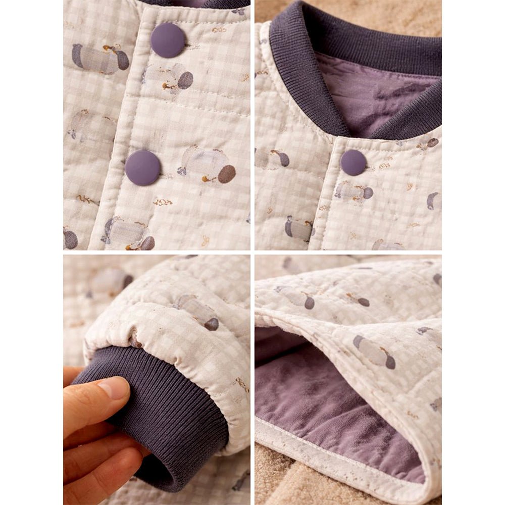 Little Surprise Box Cream Checkered Cute Dog Theme Winter Jacket For Kids