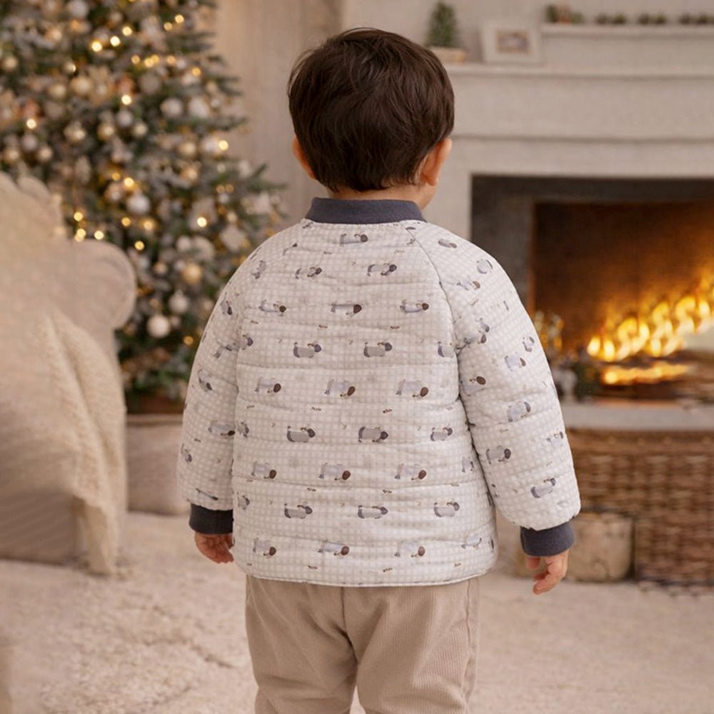 Little Surprise Box Cream Checkered Cute Dog Theme Winter Jacket For Kids