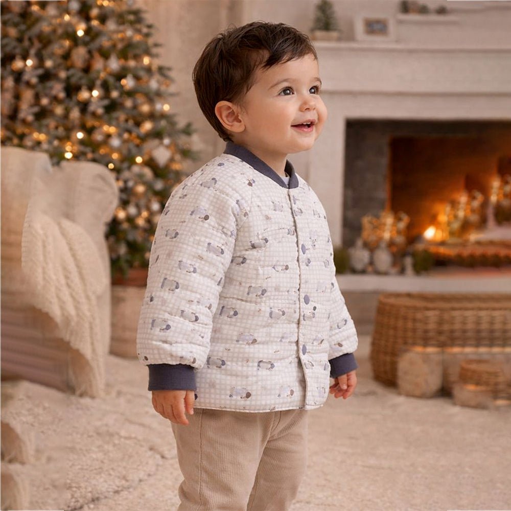 Little Surprise Box Cream Checkered Cute Dog Theme Winter Jacket For Kids