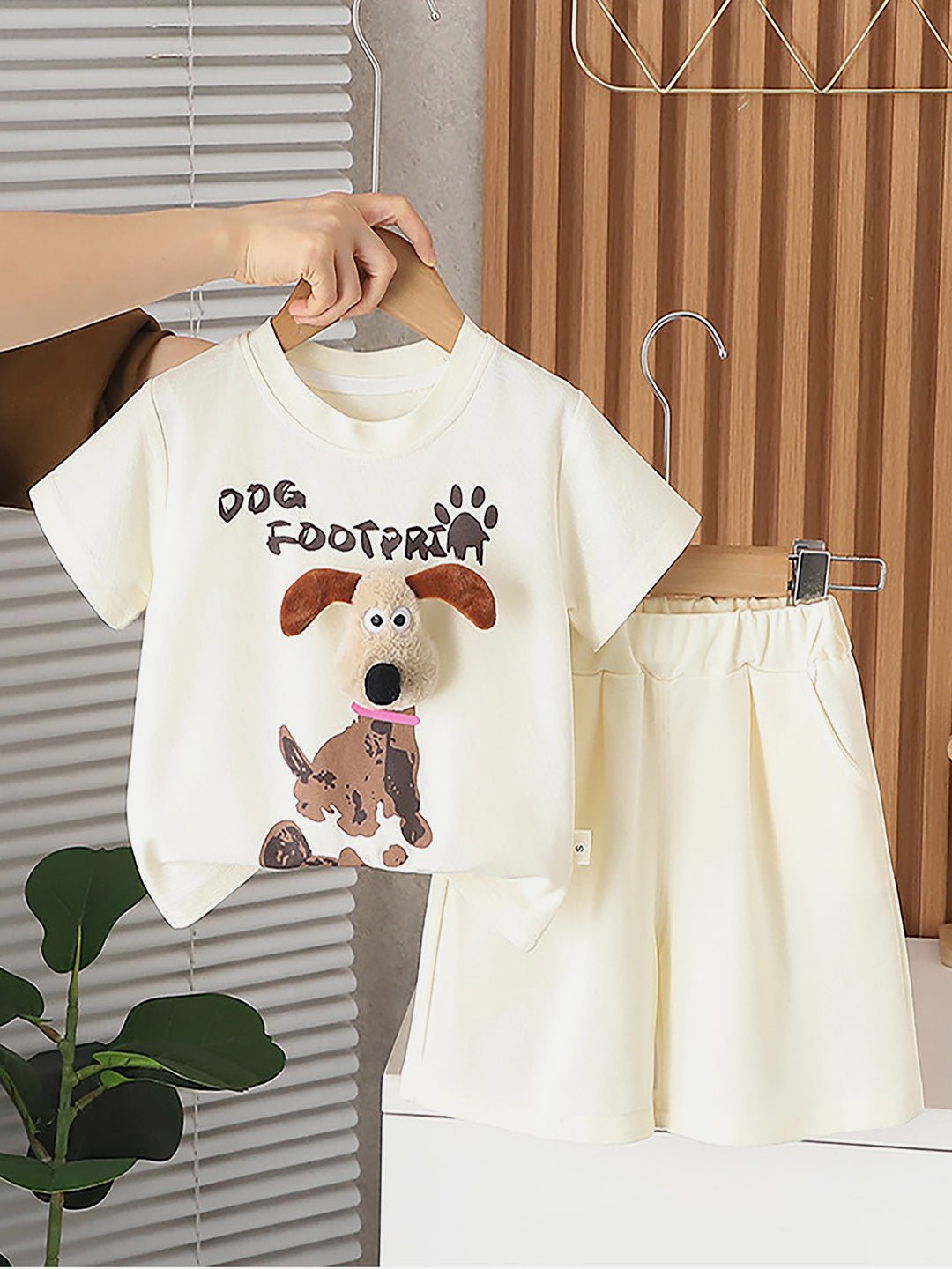 Cream Doggy Paw Kids 2pcs Shorts and Tee Set