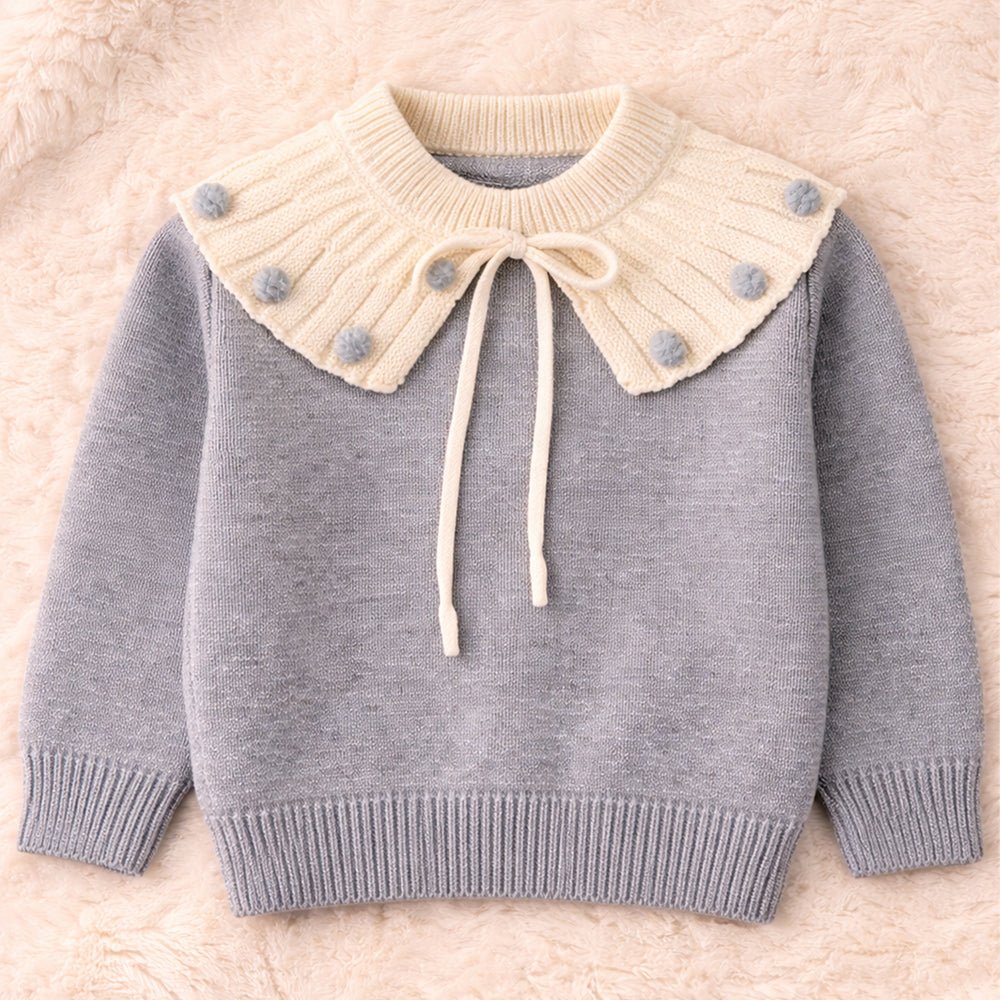 Little Surprise Box Cream Grey Dot Collar Winter Cardigan For Kids
