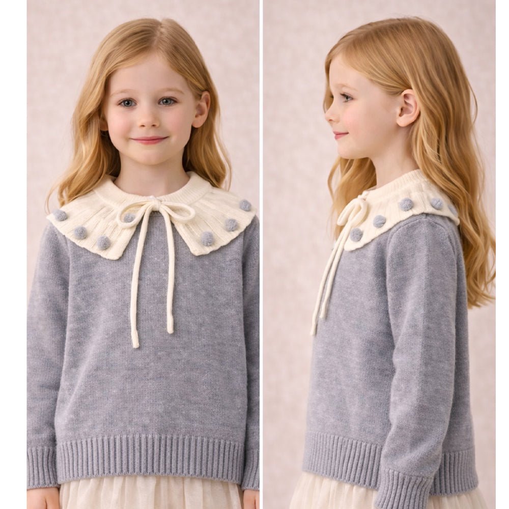 Little Surprise Box Cream Grey Dot Collar Winter Cardigan For Kids