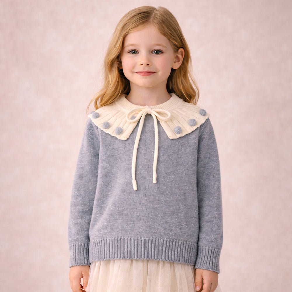 Little Surprise Box Cream Grey Dot Collar Winter Cardigan For Kids