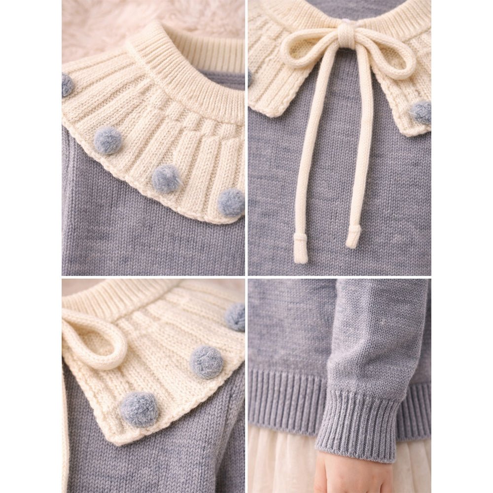 Little Surprise Box Cream Grey Dot Collar Winter Cardigan For Kids