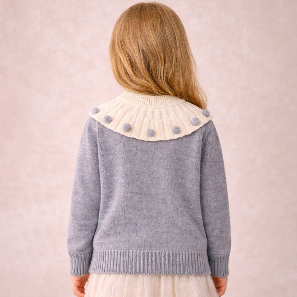 Little Surprise Box Cream Grey Dot Collar Winter Cardigan For Kids