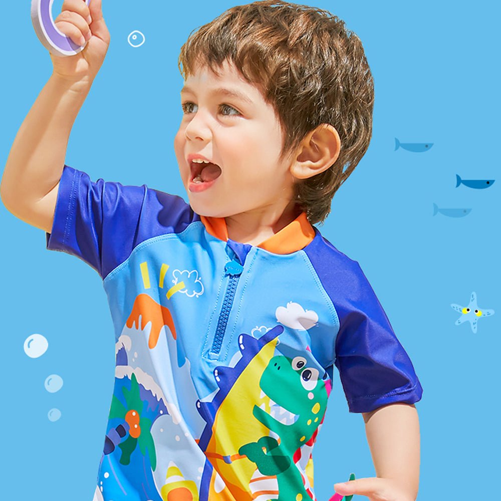 Blue Surfing Dino Printed Kids Knee Length UPF 50+ Swimwear With Free Washbag