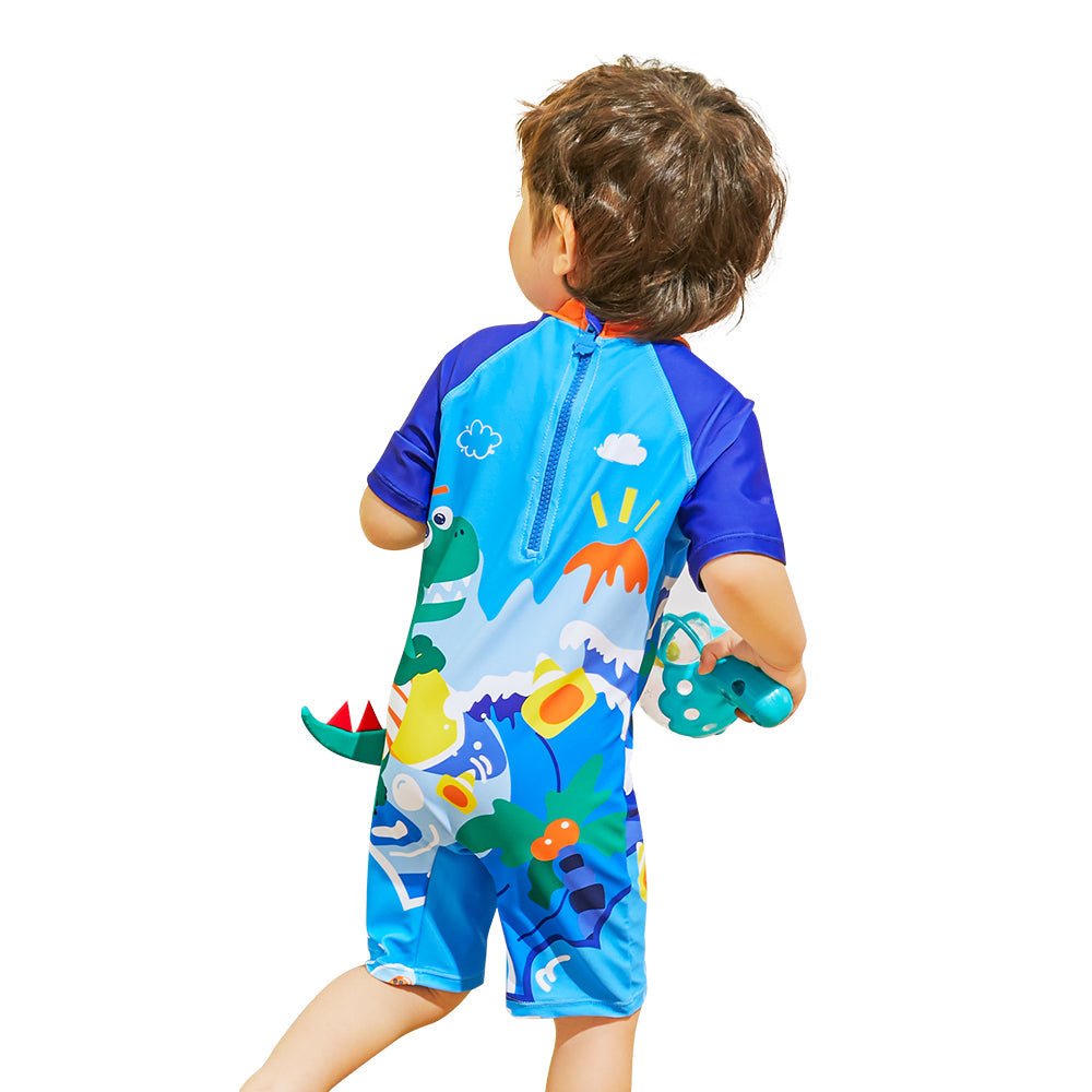 Blue Surfing Dino Printed Kids Knee Length UPF 50+ Swimwear With Free Washbag