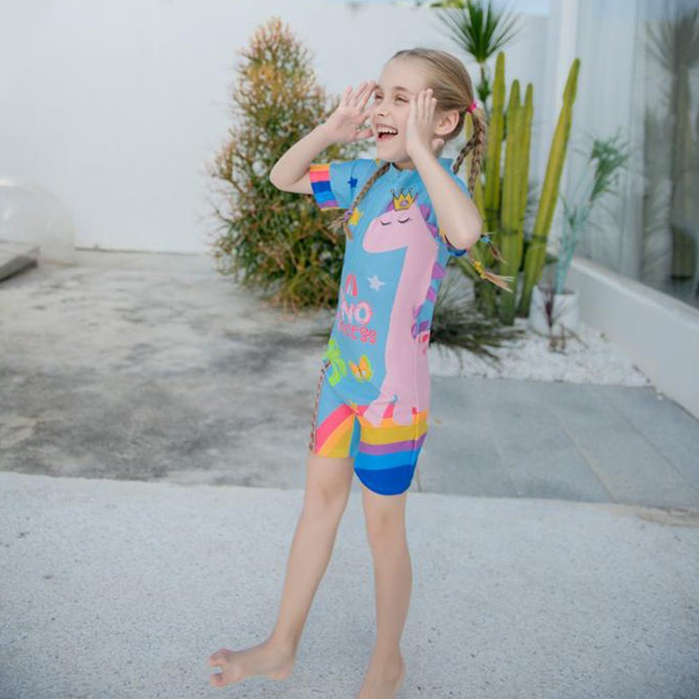Blue Dino Princess Printed Kids Full Length UPF 50+ Swimwear