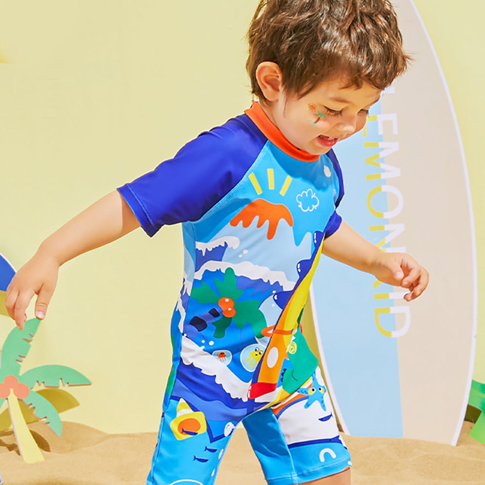 Blue Surfing Dino Printed Kids Knee Length UPF 50+ Swimwear With Free Washbag