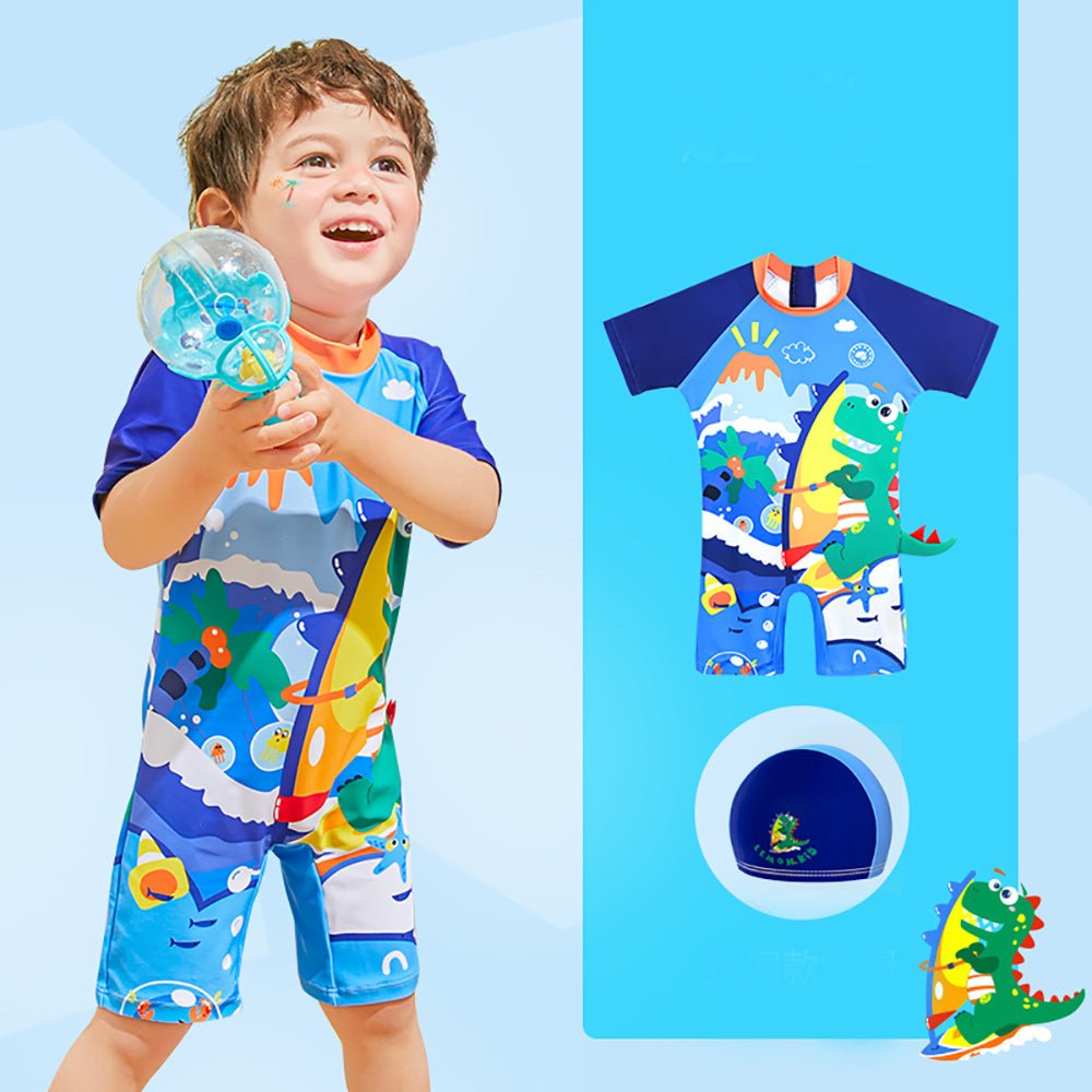 Blue Surfing Dino Printed Kids Knee Length UPF 50+ Swimwear With Free Washbag